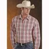 36S3364 Panhandle Slim Men's Peach & Stone Plaid Long Sleeve Snap Shirt