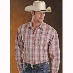 36S3364 Panhandle Slim Men's Peach & Stone Plaid Long Sleeve Snap Shirt