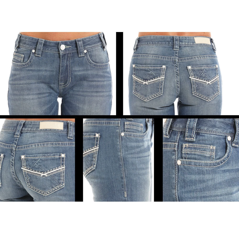 W1-5088 Rock & Roll Denim Juniors Mid Rise Boot Cut Jeans Leather Applique 2 W1-5088 Rock & Roll Denim Juniors Mid Rise Boot Cut Jeans Leather Applique - Image 2
