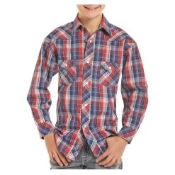 B8S7011 Rock & Roll Cowboy Boys Blue Red Plaid Western Shirt