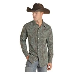 B2S2017 Rock & Roll Caribbean Blue Print Long Sleeve Snap Shirt