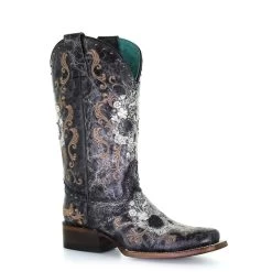 Z5005 Corral Women's Black And White Floral Skull Embroidery Studs Square Toe Western Cowboy Boots